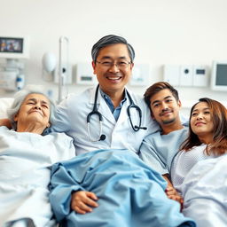 A doctor in a white lab coat with a stethoscope around their neck, smiling warmly at the camera, is positioned beside three patients lying on a hospital bed