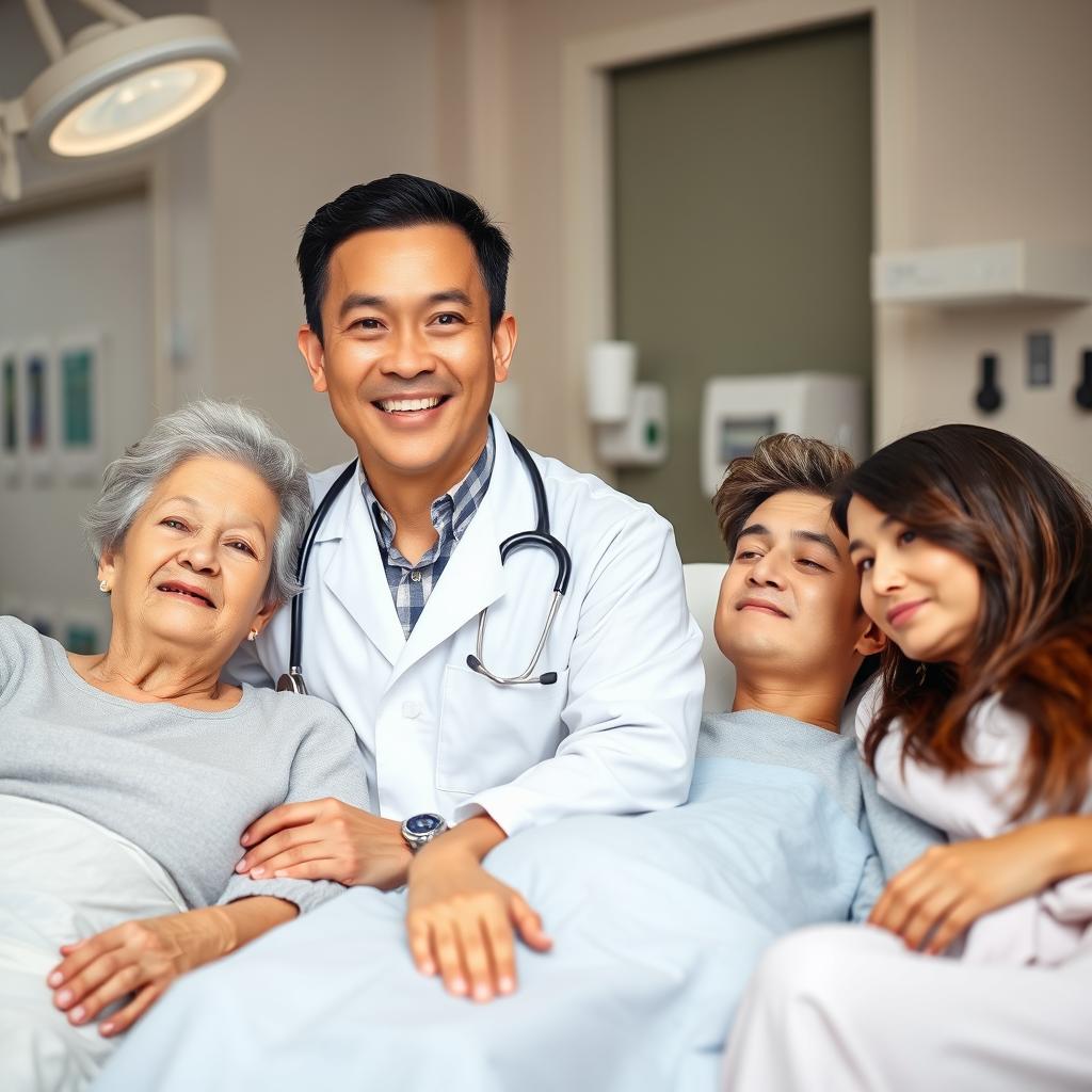 A doctor in a white lab coat with a stethoscope around their neck, smiling warmly at the camera, is positioned beside three patients lying on a hospital bed