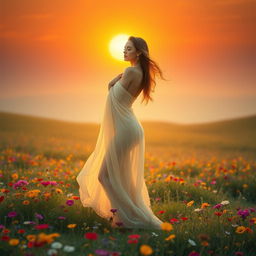 A serene female figure standing gracefully in an enchanting sunset-lit meadow, her form draped in delicate, flowing fabric that billows softly in the warm breeze