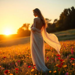 A serene female figure standing gracefully in an enchanting sunset-lit meadow, her form draped in delicate, flowing fabric that billows softly in the warm breeze