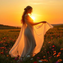 A serene female figure standing gracefully in an enchanting sunset-lit meadow, her form draped in delicate, flowing fabric that billows softly in the warm breeze