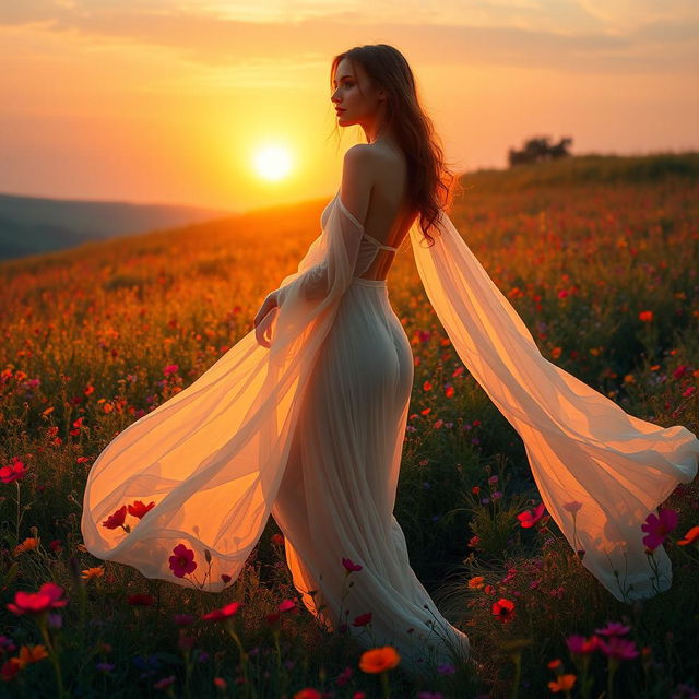 A serene female figure standing gracefully in an enchanting sunset-lit meadow, her form draped in delicate, flowing fabric that billows softly in the warm breeze