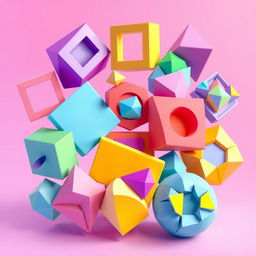 A collection of new abstract shapes created by breaking down traditional geometric shapes like squares, triangles, and circles, and reassembling the pieces in innovative ways