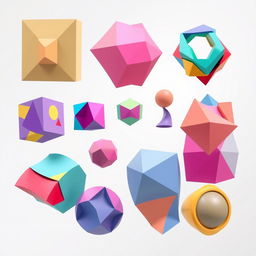 A collection of new abstract shapes created by breaking down traditional geometric shapes like squares, triangles, and circles, and reassembling the pieces in innovative ways