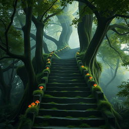 A mysterious staircase in a dense, enchanting forest, surrounded by towering trees with thick green foliage and dappled sunlight filtering through the leaves