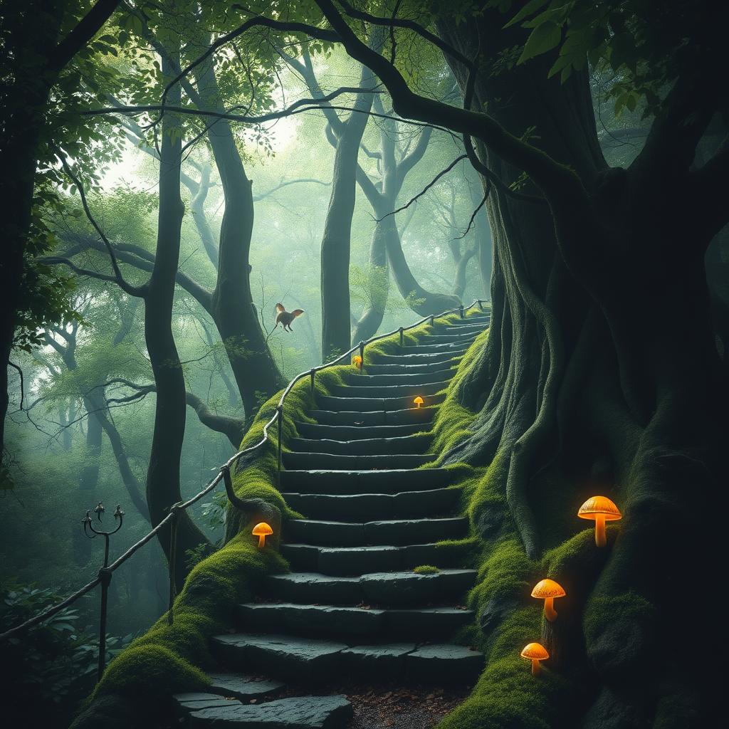 A mysterious staircase in a dense, enchanting forest, surrounded by towering trees with thick green foliage and dappled sunlight filtering through the leaves