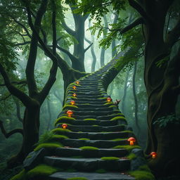 A mysterious staircase in a dense, enchanting forest, surrounded by towering trees with thick green foliage and dappled sunlight filtering through the leaves