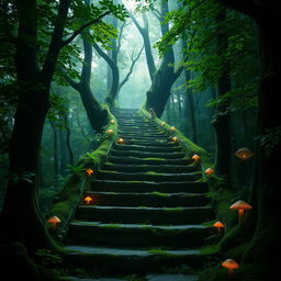 A mysterious staircase in a dense, enchanting forest, surrounded by towering trees with thick green foliage and dappled sunlight filtering through the leaves