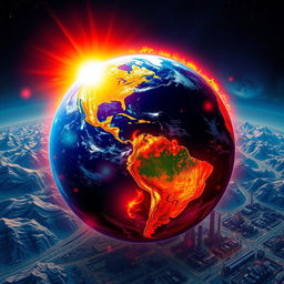 A surreal depiction of Earth with vibrant, glowing colors to represent rising temperatures