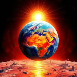 A surreal depiction of Earth with vibrant, glowing colors to represent rising temperatures