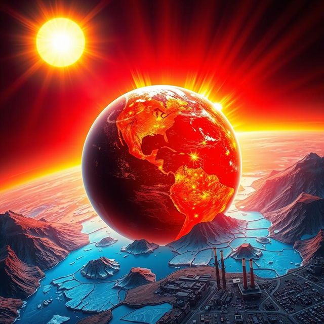 A surreal depiction of Earth with vibrant, glowing colors to represent rising temperatures