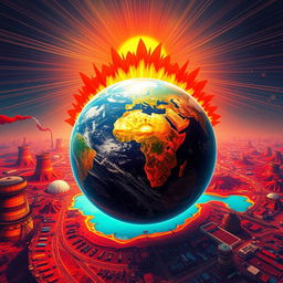 A surreal depiction of Earth with vibrant, glowing colors to represent rising temperatures