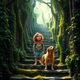 A mysterious staircase in a dense, enchanting forest, surrounded by vibrant greenery and cascading vines