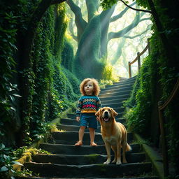A mysterious staircase in a dense, enchanting forest, surrounded by vibrant greenery and cascading vines