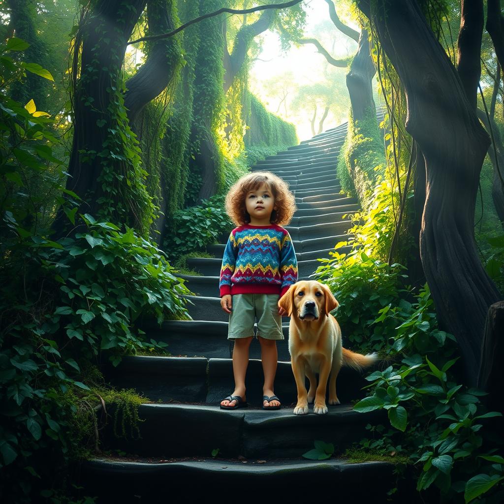 A mysterious staircase in a dense, enchanting forest, surrounded by vibrant greenery and cascading vines