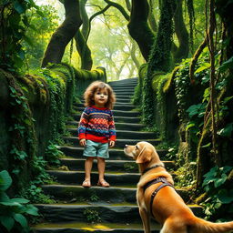 A mysterious staircase in a dense, enchanting forest, surrounded by vibrant greenery and cascading vines
