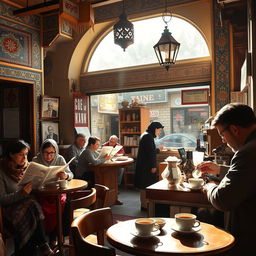 A vibrant street scene in Iran showcasing a traditional coffee shop
