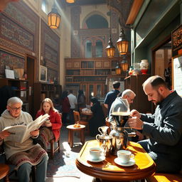 A vibrant street scene in Iran showcasing a traditional coffee shop
