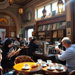 A vibrant street scene in Iran showcasing a traditional coffee shop