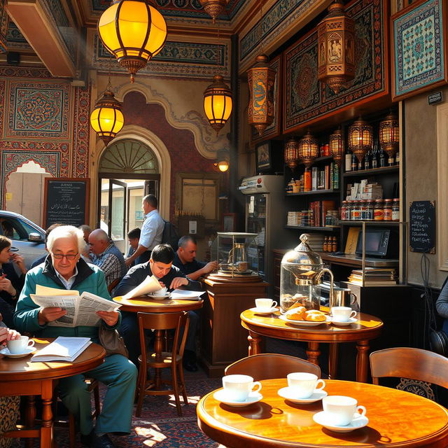 A vibrant street scene in Iran showcasing a traditional coffee shop