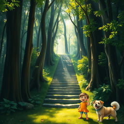 A mysterious staircase leading into a dense, enchanting forest, surrounded by tall trees and dappled sunlight filtering through the leaves