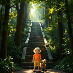 A mysterious staircase leading into a dense, enchanting forest, surrounded by tall trees and dappled sunlight filtering through the leaves