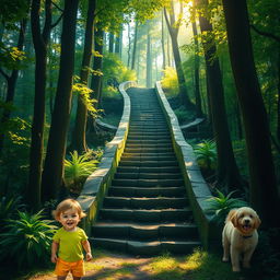 A mysterious staircase leading into a dense, enchanting forest, surrounded by tall trees and dappled sunlight filtering through the leaves