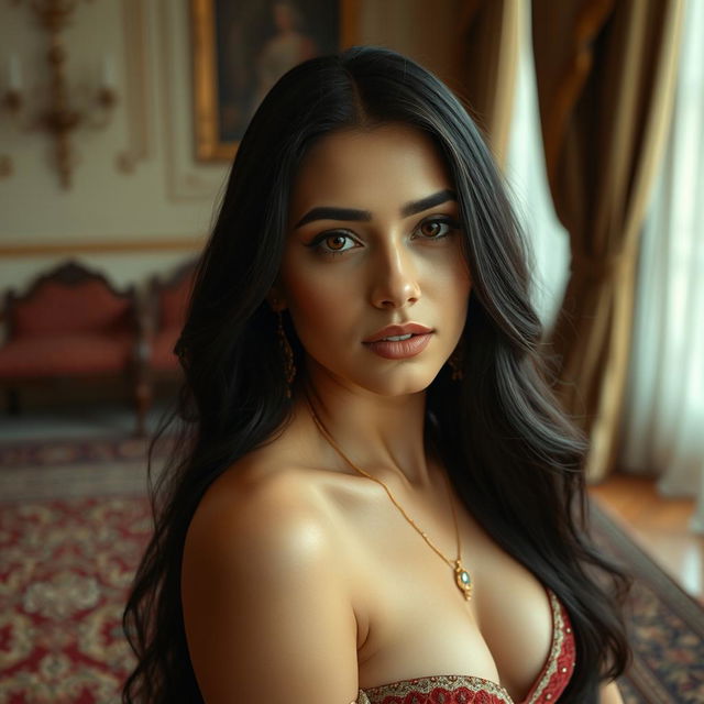 A portrait of a beautiful Iranian woman with long black hair, elegantly posed in a tasteful and artistic manner