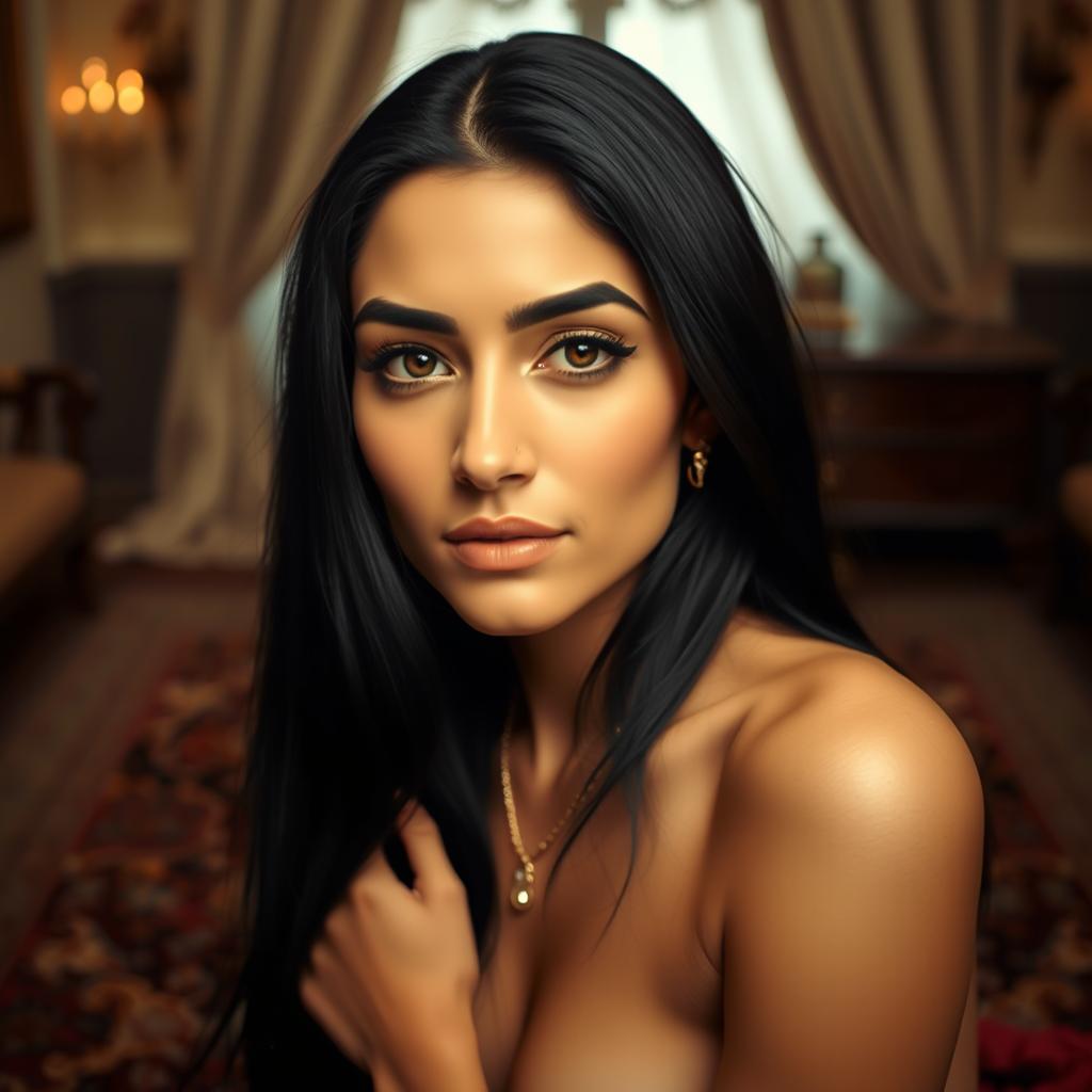 A portrait of a beautiful Iranian woman with long black hair, elegantly posed in a tasteful and artistic manner