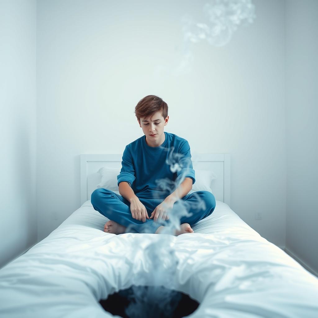 A teenage boy sitting on a white bed in a bright white room, wearing blue clothes