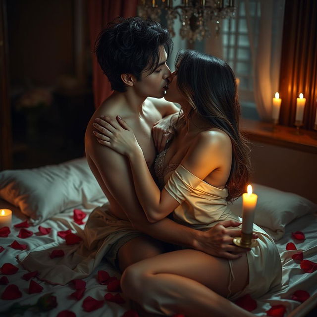 A sensual and artistic portrayal of romance, featuring an intimate scene between a couple in a beautifully decorated room with dim lighting