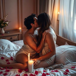 A sensual and artistic portrayal of romance, featuring an intimate scene between a couple in a beautifully decorated room with dim lighting