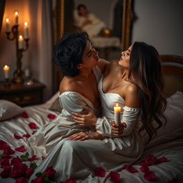 A sensual and artistic portrayal of romance, featuring an intimate scene between a couple in a beautifully decorated room with dim lighting