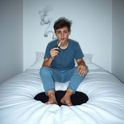 A teenage boy sitting alone in a minimalistic white room, on a soft white bed, dressed in casual blue clothes
