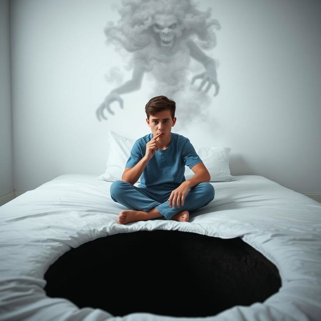 A teenage boy sitting alone in a minimalistic white room, on a soft white bed, dressed in casual blue clothes