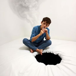 A teenage boy sitting alone in a minimalistic white room, on a soft white bed, dressed in casual blue clothes