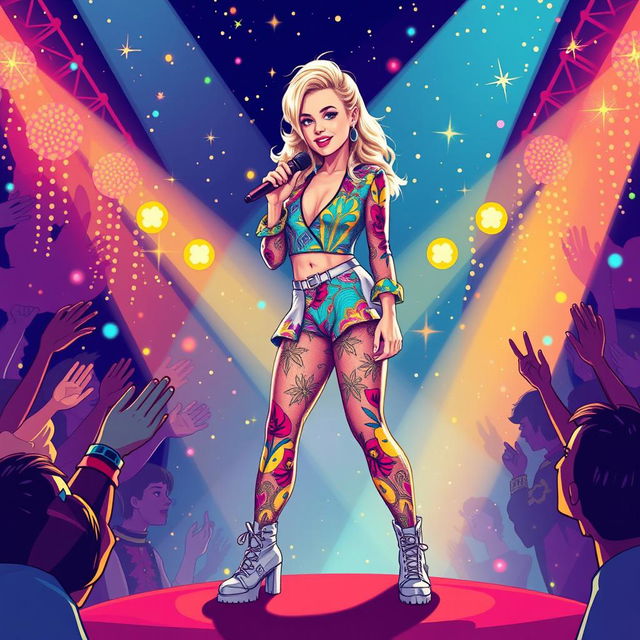 A vibrant and colorful illustration showcasing a confident Miley Cyrus performing on stage, surrounded by a magical atmosphere filled with sparkling lights and a cheering audience