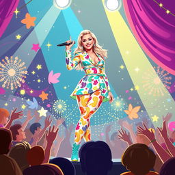 A vibrant and colorful illustration showcasing a confident Miley Cyrus performing on stage, surrounded by a magical atmosphere filled with sparkling lights and a cheering audience