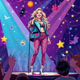 A vibrant and colorful illustration showcasing a confident Miley Cyrus performing on stage, surrounded by a magical atmosphere filled with sparkling lights and a cheering audience