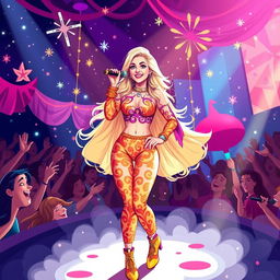 A vibrant and colorful illustration showcasing a confident Miley Cyrus performing on stage, surrounded by a magical atmosphere filled with sparkling lights and a cheering audience