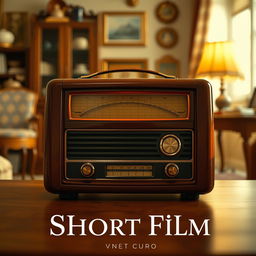 A vintage retro radio prominently displayed as the central focus of a short film poster