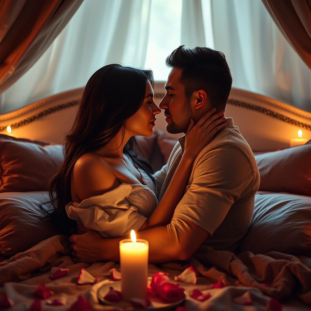 A captivating and romantic scene featuring a couple in an intimate embrace, illuminated by soft candlelight