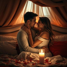 A captivating and romantic scene featuring a couple in an intimate embrace, illuminated by soft candlelight