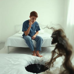 A teenage boy sitting on a pristine white bed in an all-white room, dressed in blue clothing