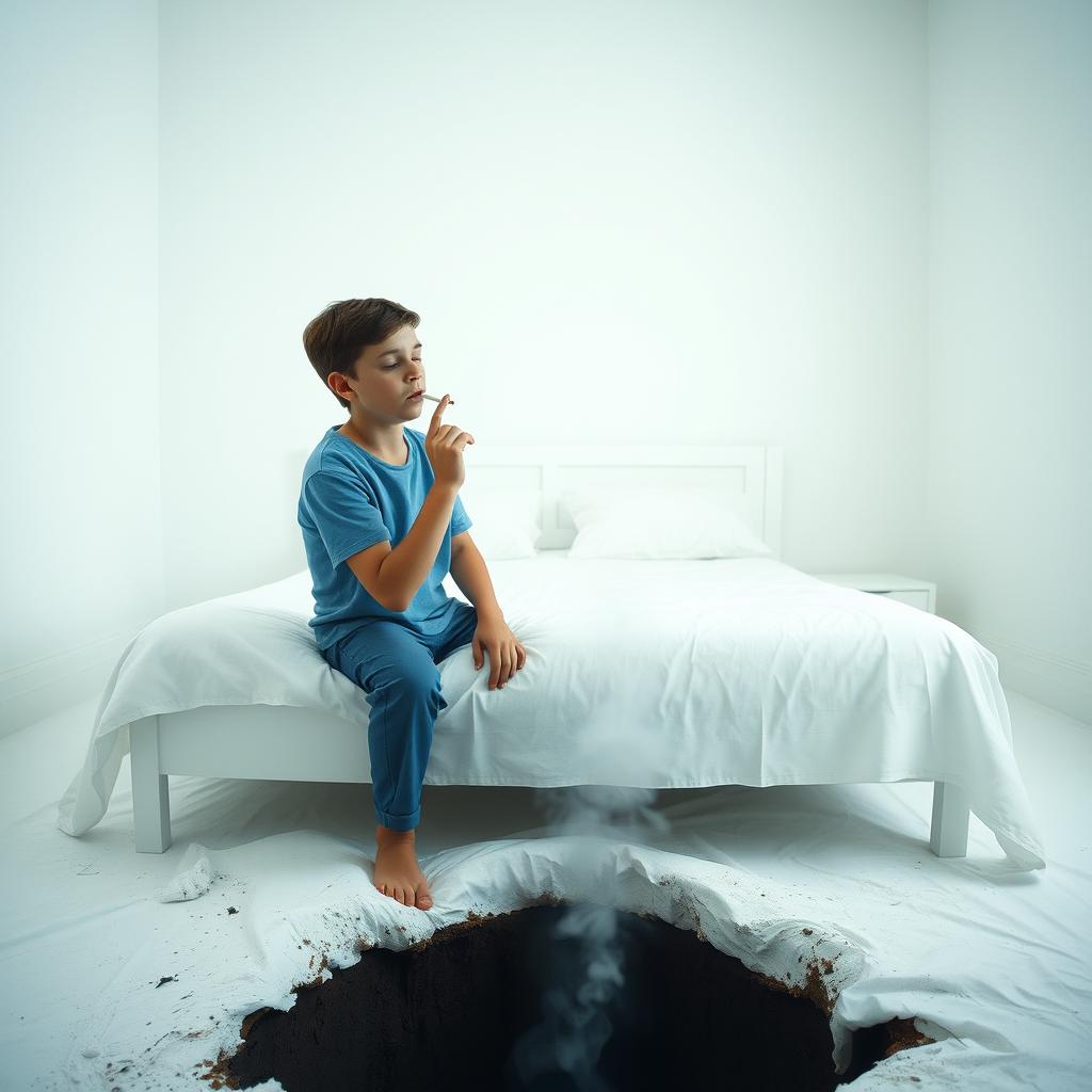 A teenage boy sitting on a pristine white bed in an all-white room, dressed in blue clothing