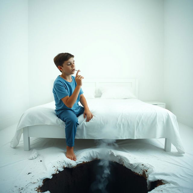 A teenage boy sitting on a pristine white bed in an all-white room, dressed in blue clothing