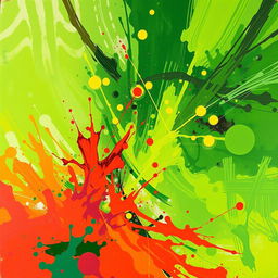 A vibrant abstract art piece combining shades of green with bursts of violent, energetic colors