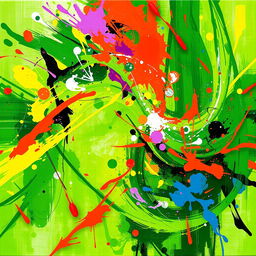 A vibrant abstract art piece combining shades of green with bursts of violent, energetic colors