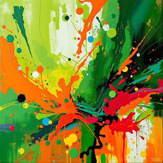 A vibrant abstract art piece combining shades of green with bursts of violent, energetic colors