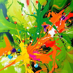 A vibrant abstract art piece combining shades of green with bursts of violent, energetic colors